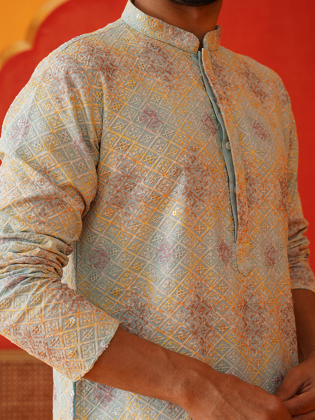 Embroidered Staight Kurta Pajama Set For Men ( JOKP P 5130Sky )