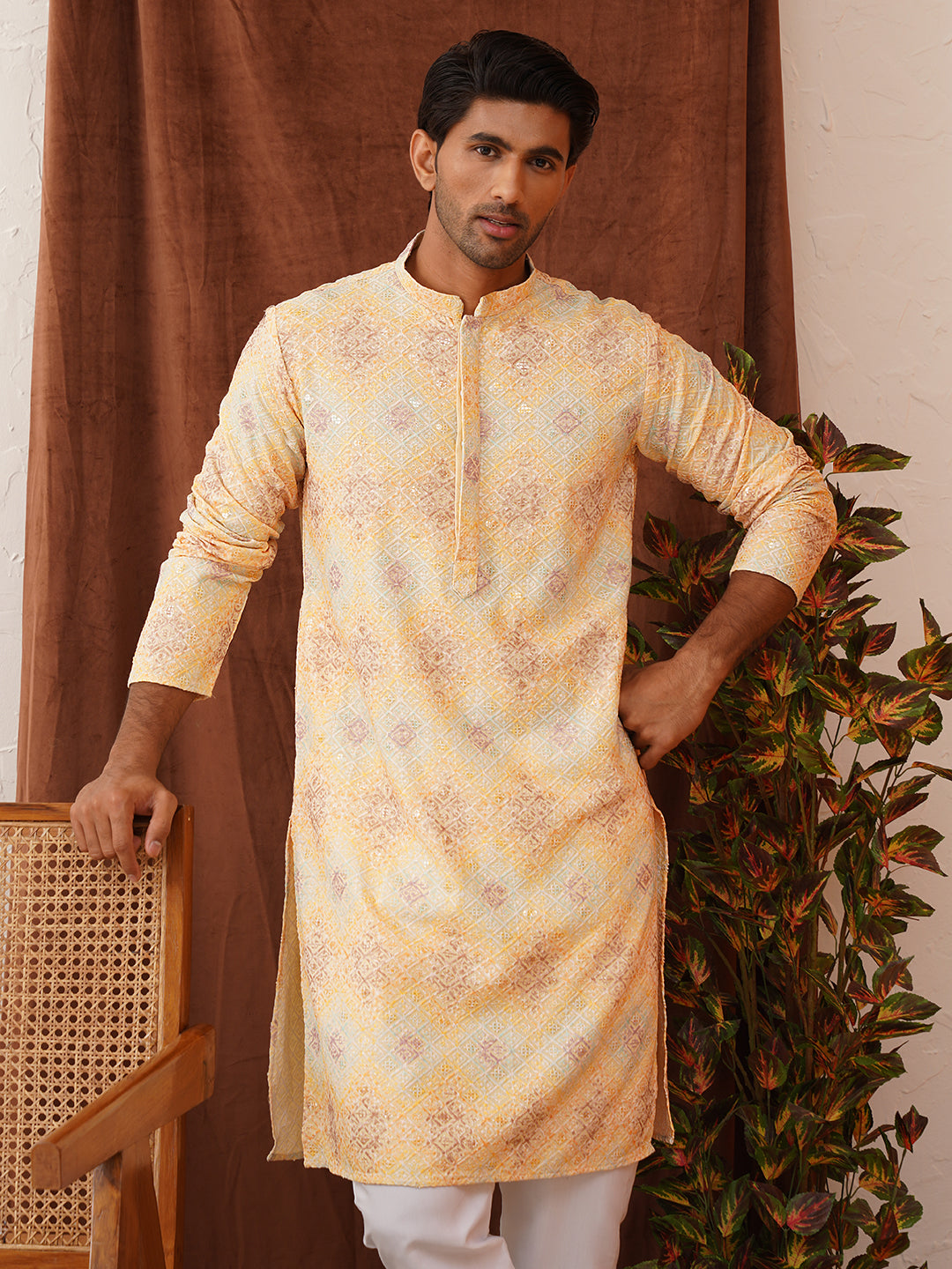 Embroidered Staight Kurta Pajama Set For Men ( JOKP P 5130Yellow )