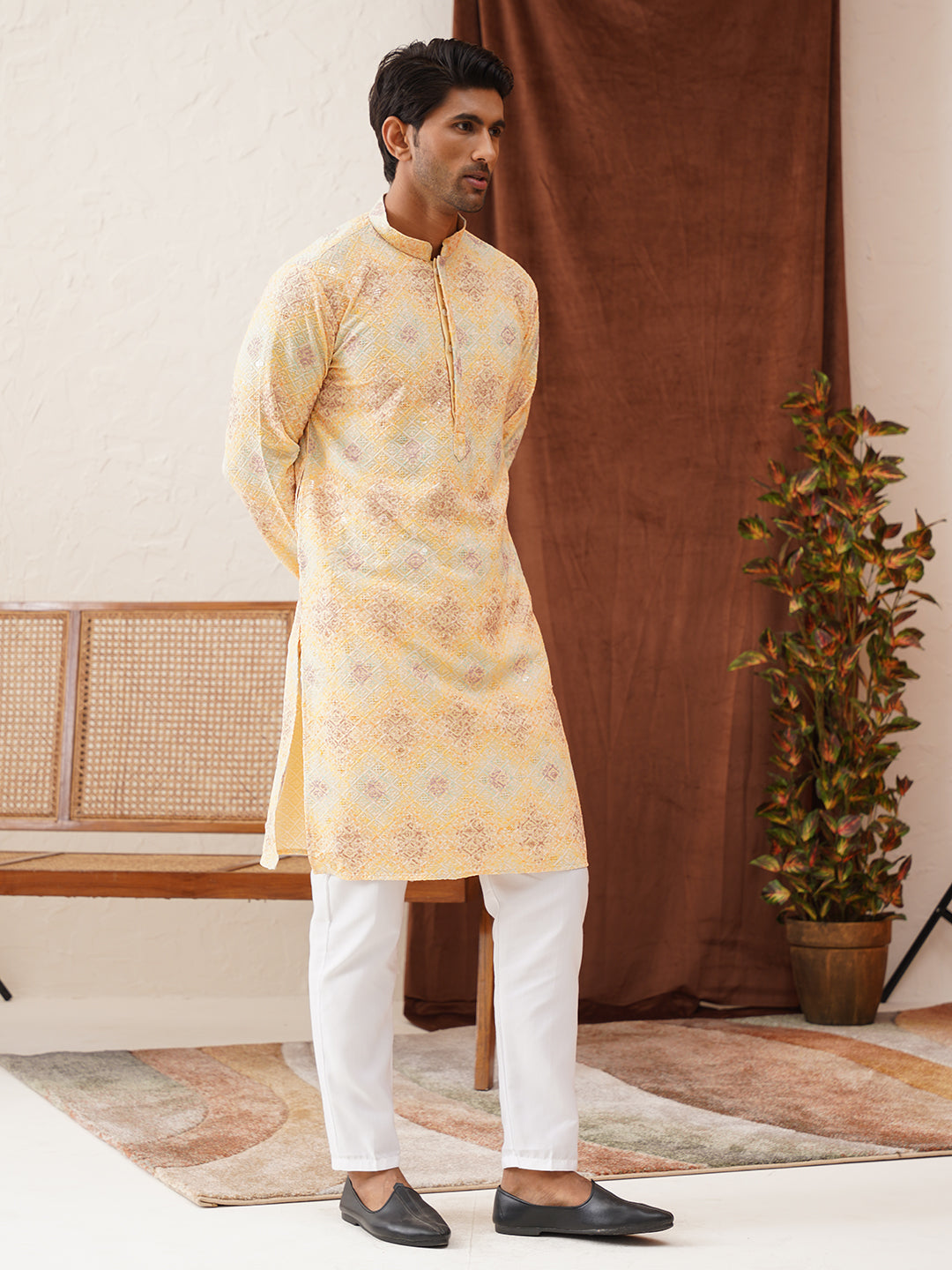Embroidered Staight Kurta Pajama Set For Men ( JOKP P 5130Yellow )