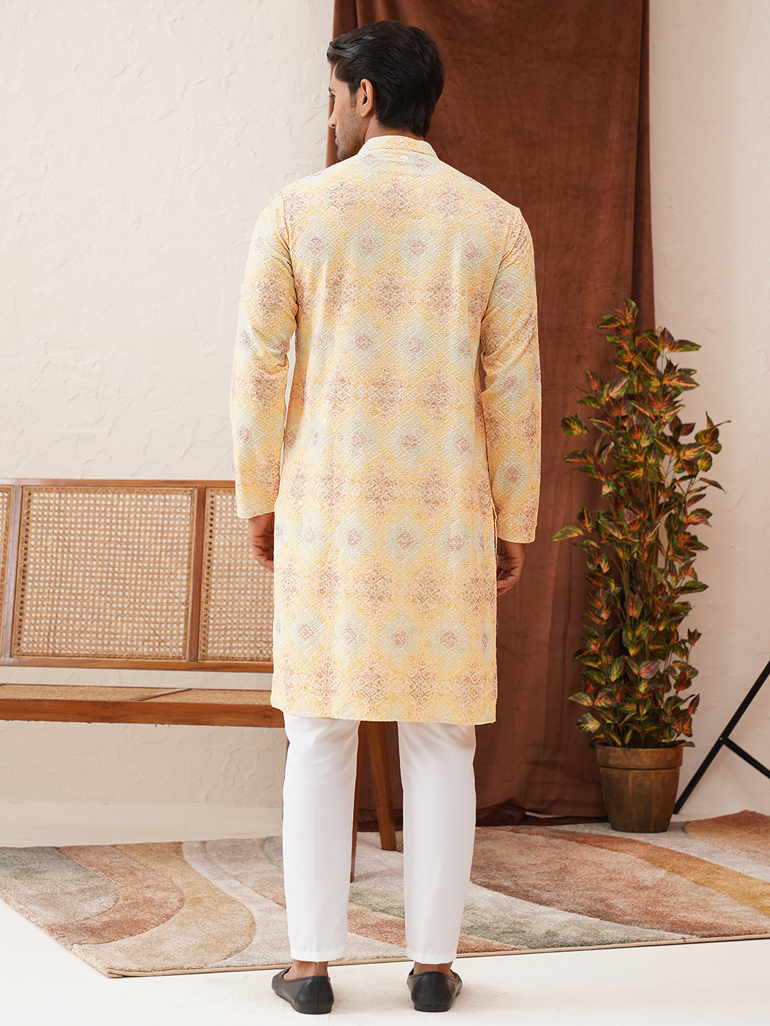 Embroidered Staight Kurta Pajama Set For Men ( JOKP P 5130Yellow )