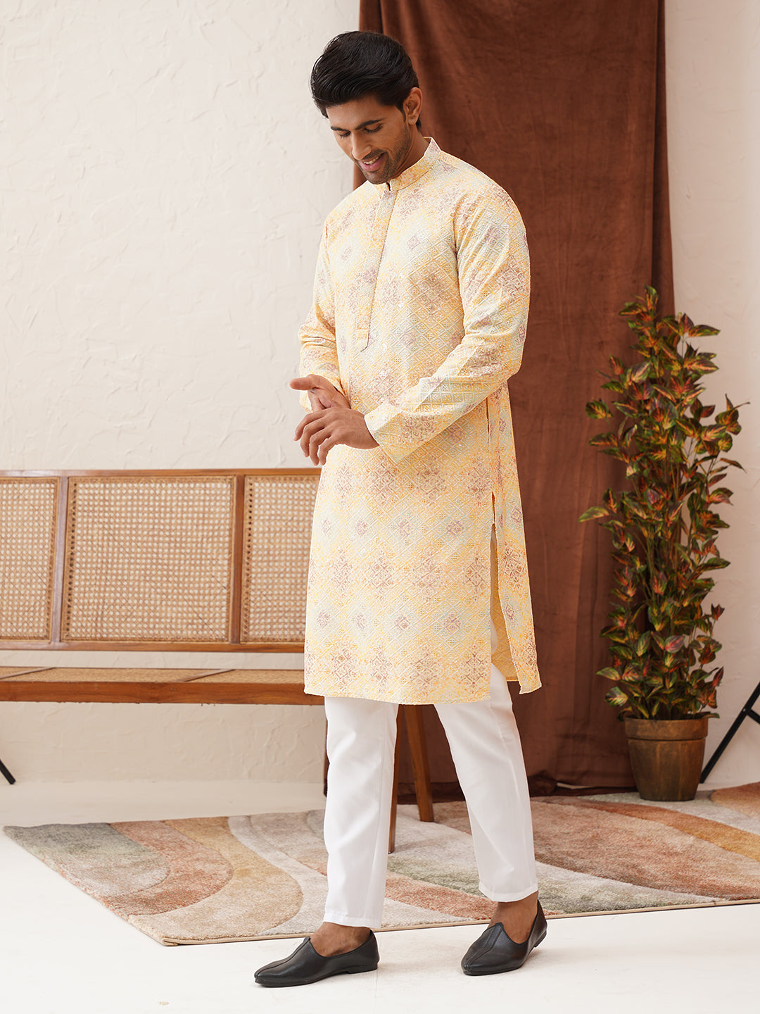 Embroidered Staight Kurta Pajama Set For Men ( JOKP P 5130Yellow )