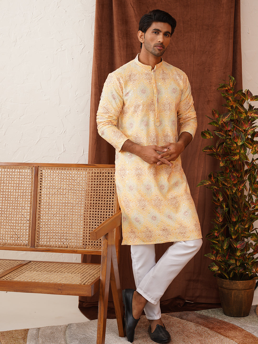 Embroidered Staight Kurta Pajama Set For Men ( JOKP P 5130Yellow )