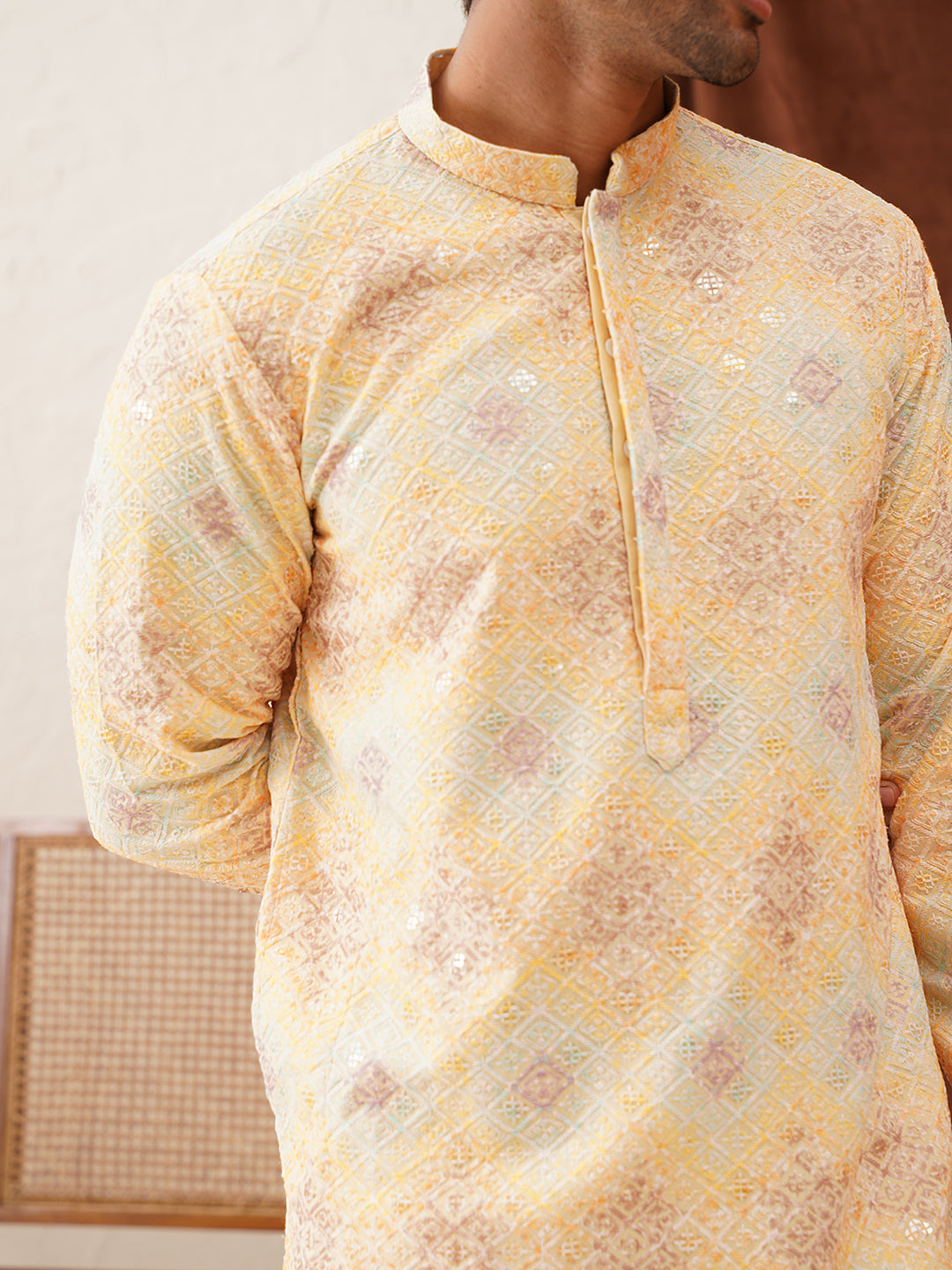 Embroidered Staight Kurta Pajama Set For Men ( JOKP P 5130Yellow )