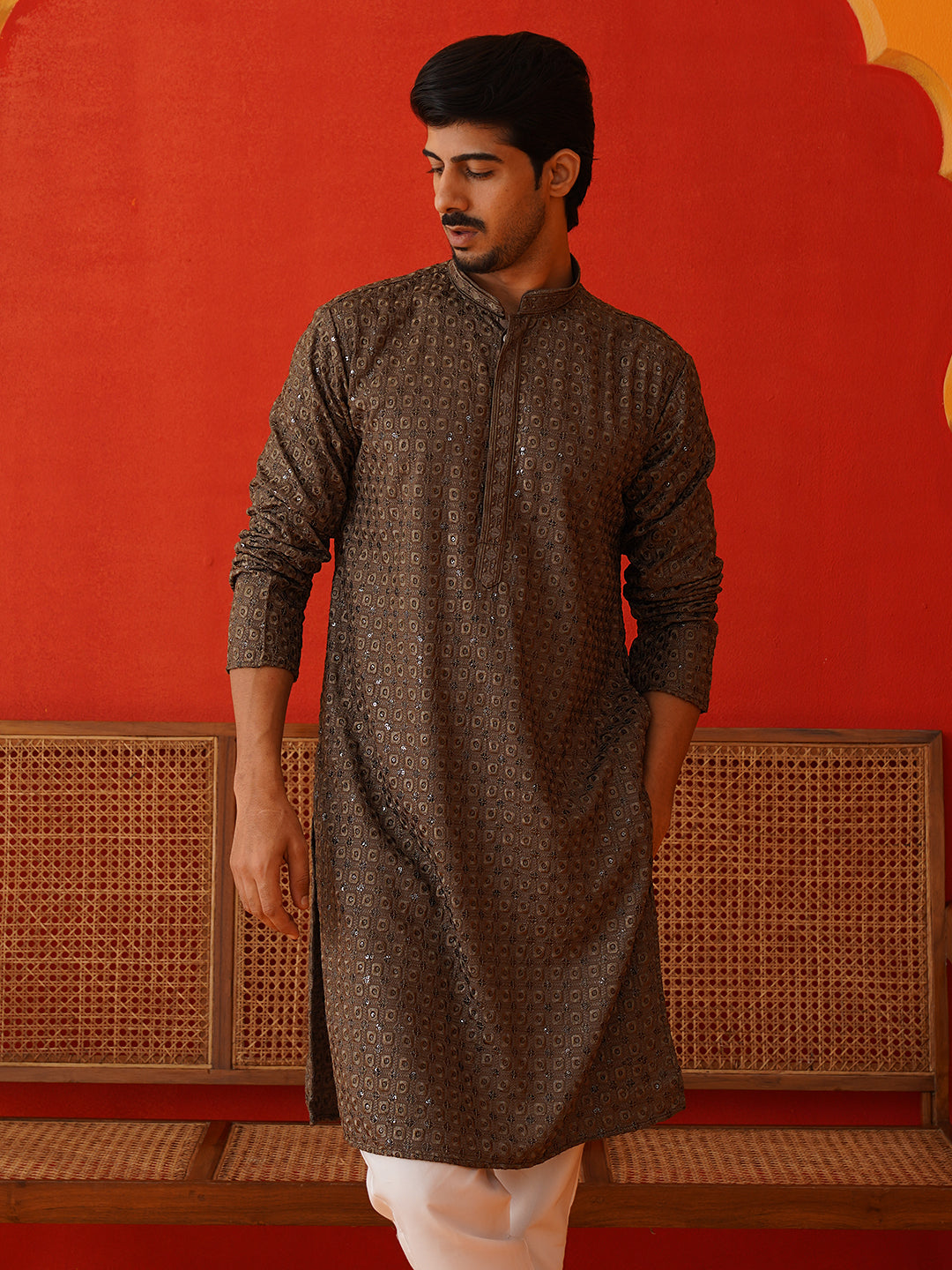 Embroidered Chikankari and Sequence Kurta Set For Men ( JOKP P 5131Dark-Grey )