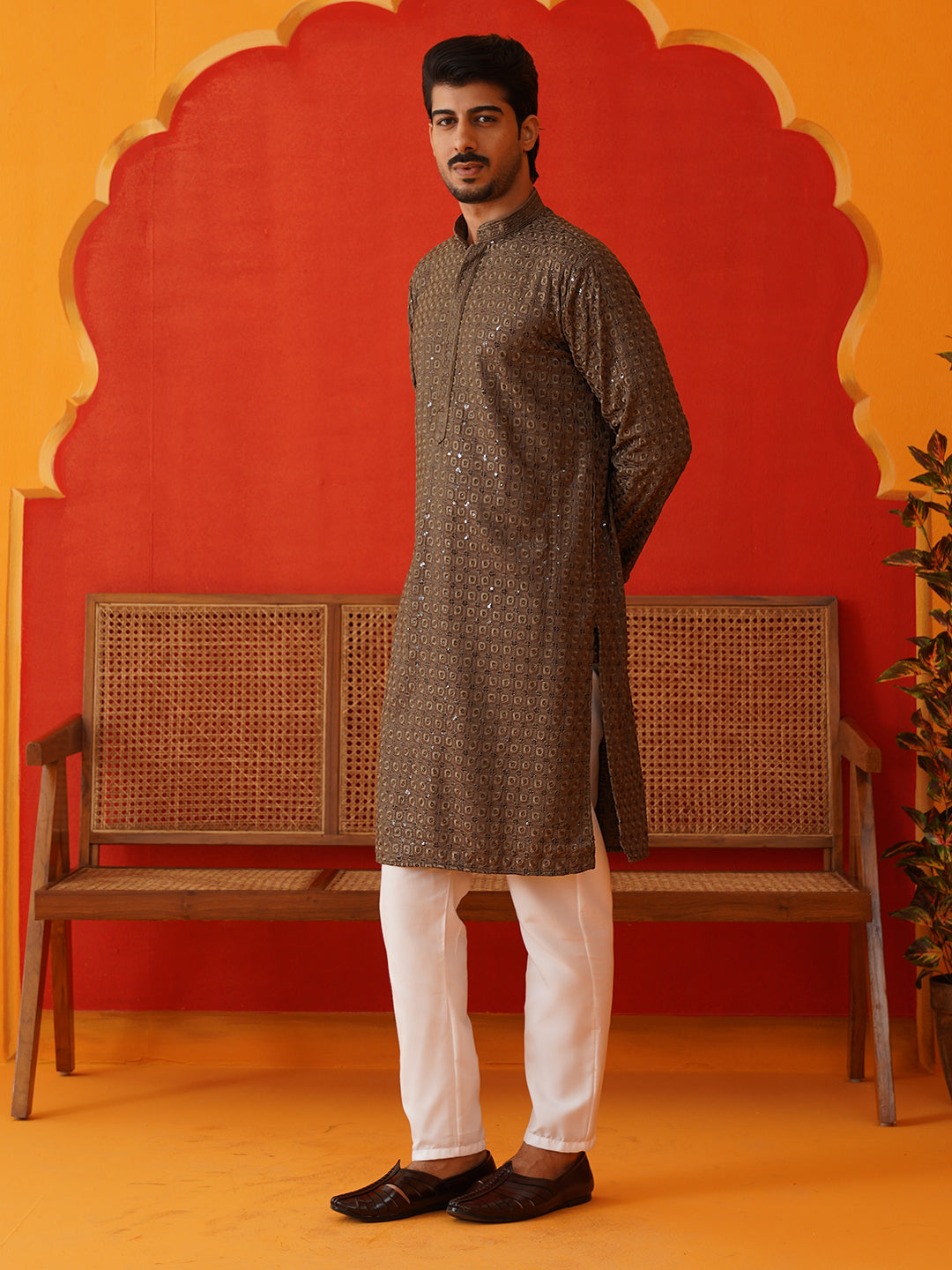 Embroidered Chikankari and Sequence Kurta Set For Men ( JOKP P 5131Dark-Grey )