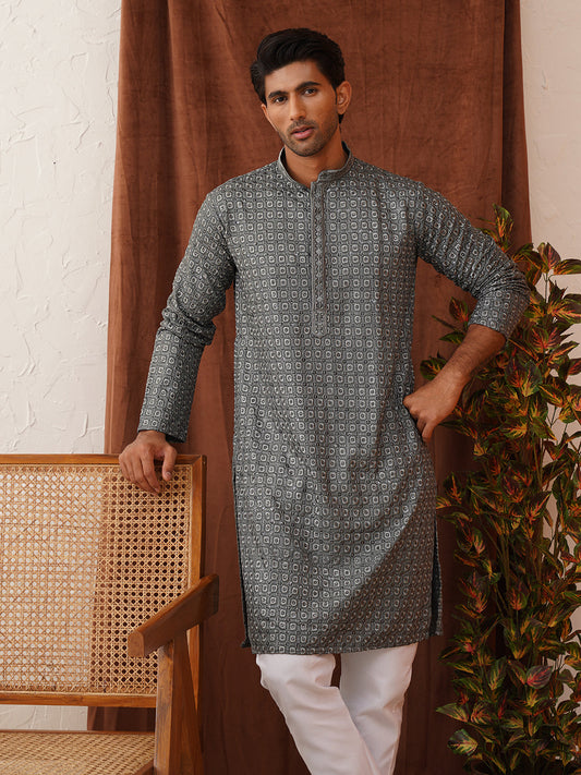 Embroidered Chikankari and Sequence Kurta Set For Men ( JOKP P 5131Grey )