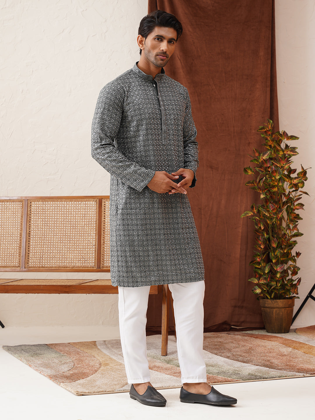 Embroidered Chikankari and Sequence Kurta Set For Men ( JOKP P 5131Grey )