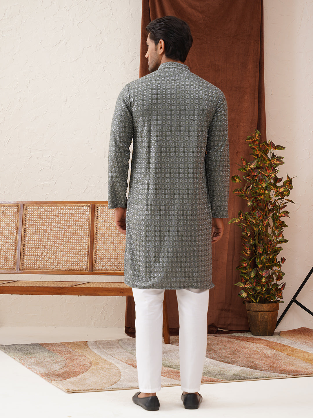 Embroidered Chikankari and Sequence Kurta Set For Men ( JOKP P 5131Grey )