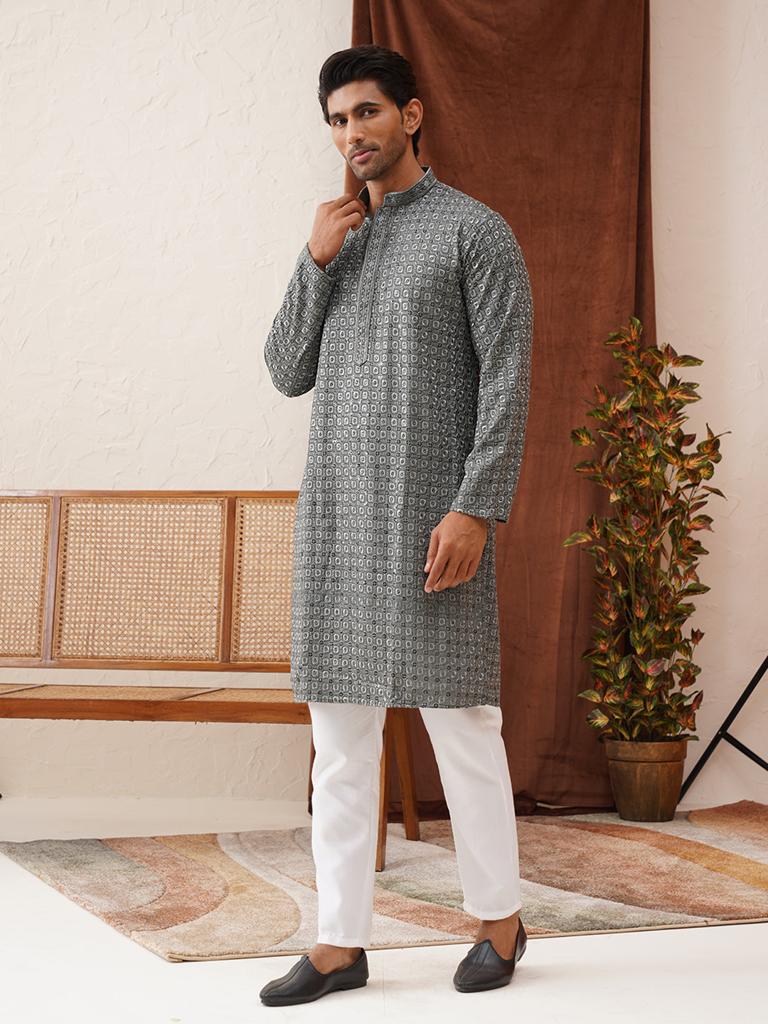 Embroidered Chikankari and Sequence Kurta Set For Men ( JOKP P 5131Grey )