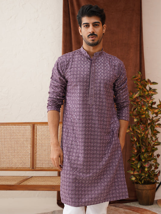 Embroidered Chikankari and Sequence Kurta Set For Men ( JOKP P 5131Purple )