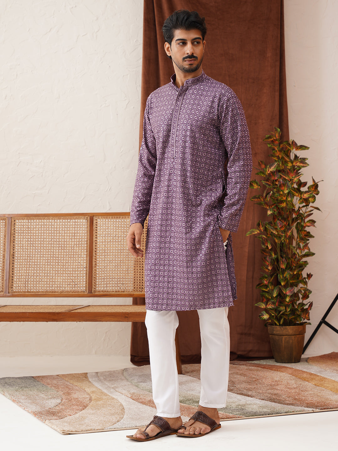 Embroidered Chikankari and Sequence Kurta Set For Men ( JOKP P 5131Purple )