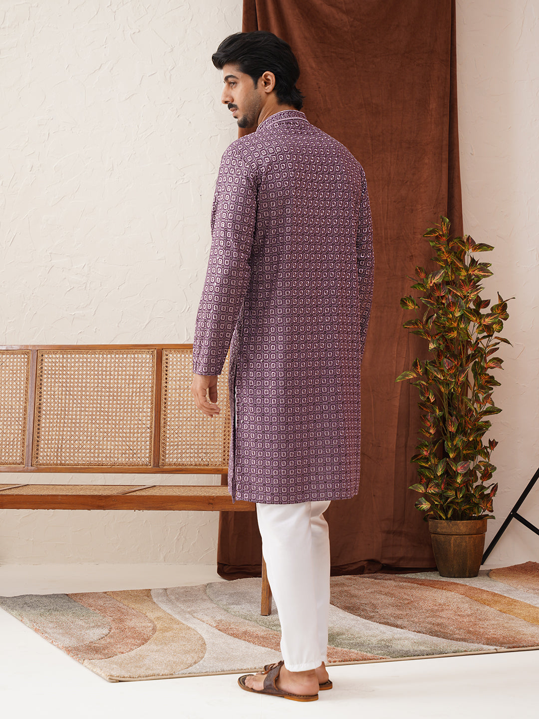 Embroidered Chikankari and Sequence Kurta Set For Men ( JOKP P 5131Purple )