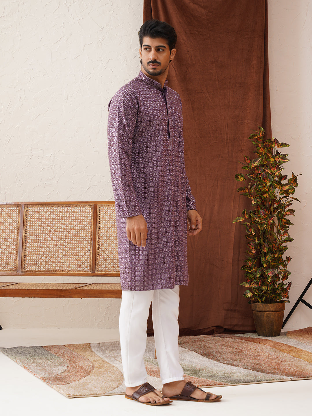Embroidered Chikankari and Sequence Kurta Set For Men ( JOKP P 5131Purple )