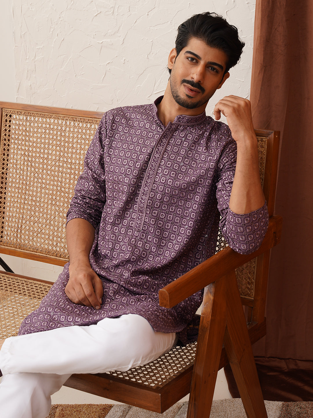 Embroidered Chikankari and Sequence Kurta Set For Men ( JOKP P 5131Purple )