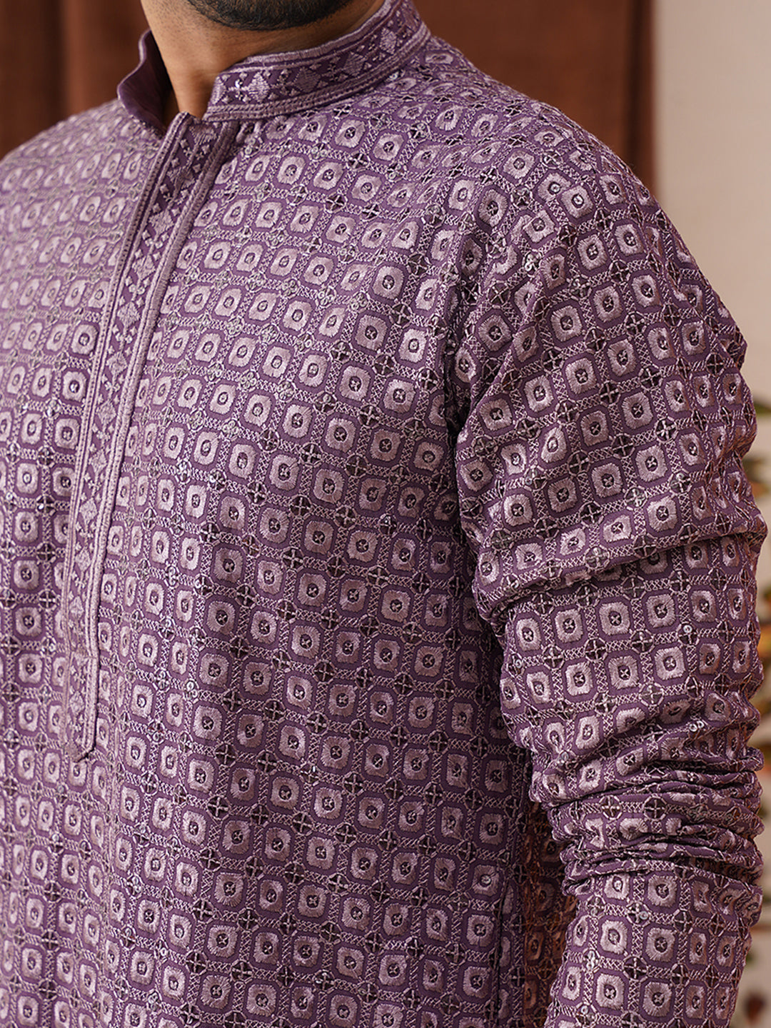 Embroidered Chikankari and Sequence Kurta Set For Men ( JOKP P 5131Purple )