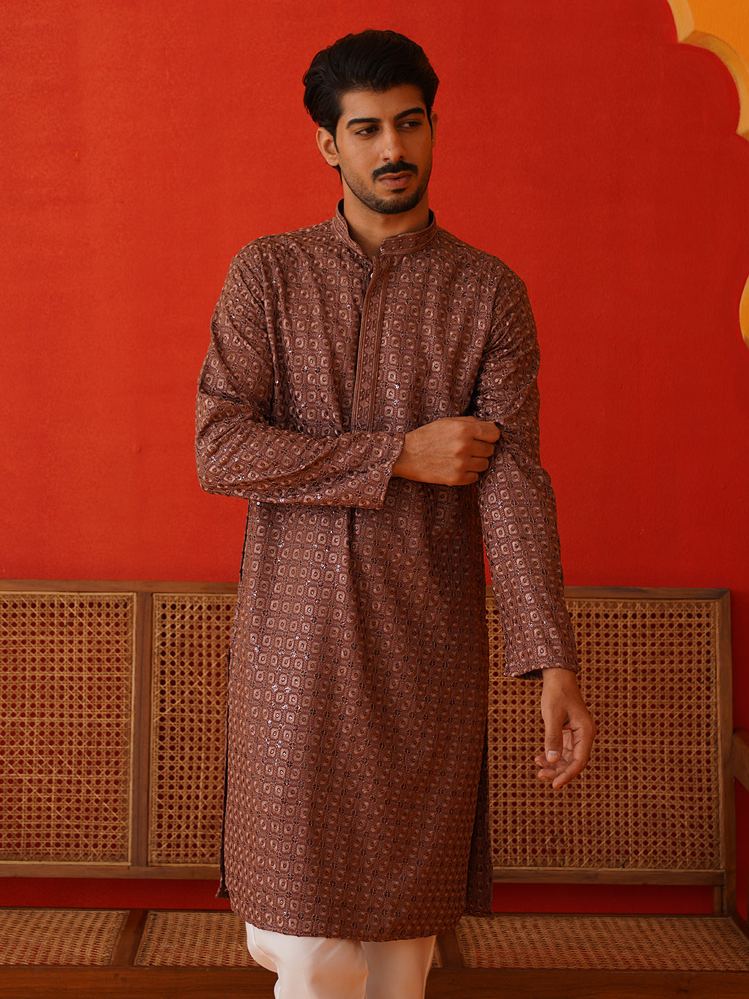 Embroidered Chikankari and Sequence Kurta Set For Men ( JOKP P 5131Rust )