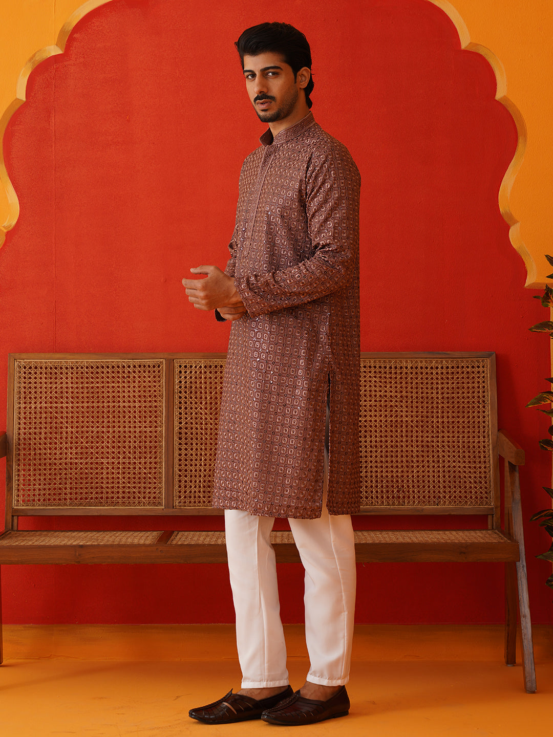 Embroidered Chikankari and Sequence Kurta Set For Men ( JOKP P 5131Rust )