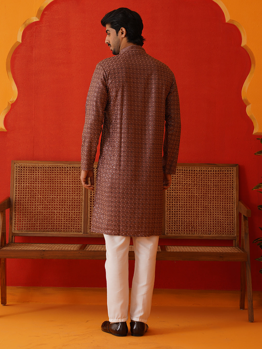 Embroidered Chikankari and Sequence Kurta Set For Men ( JOKP P 5131Rust )