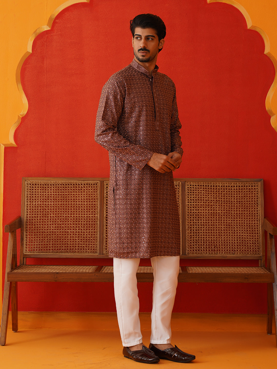 Embroidered Chikankari and Sequence Kurta Set For Men ( JOKP P 5131Rust )