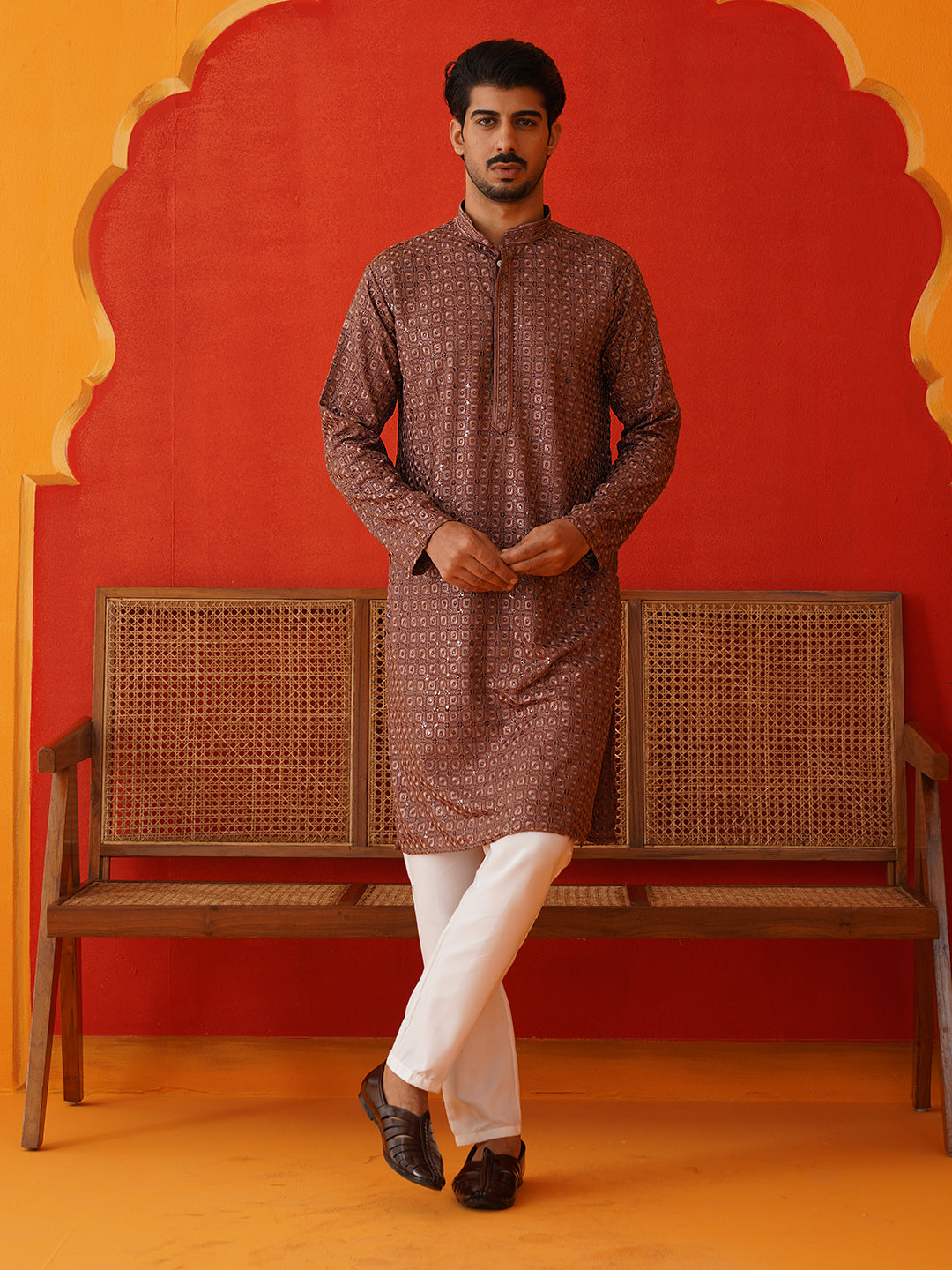 Embroidered Chikankari and Sequence Kurta Set For Men ( JOKP P 5131Rust )