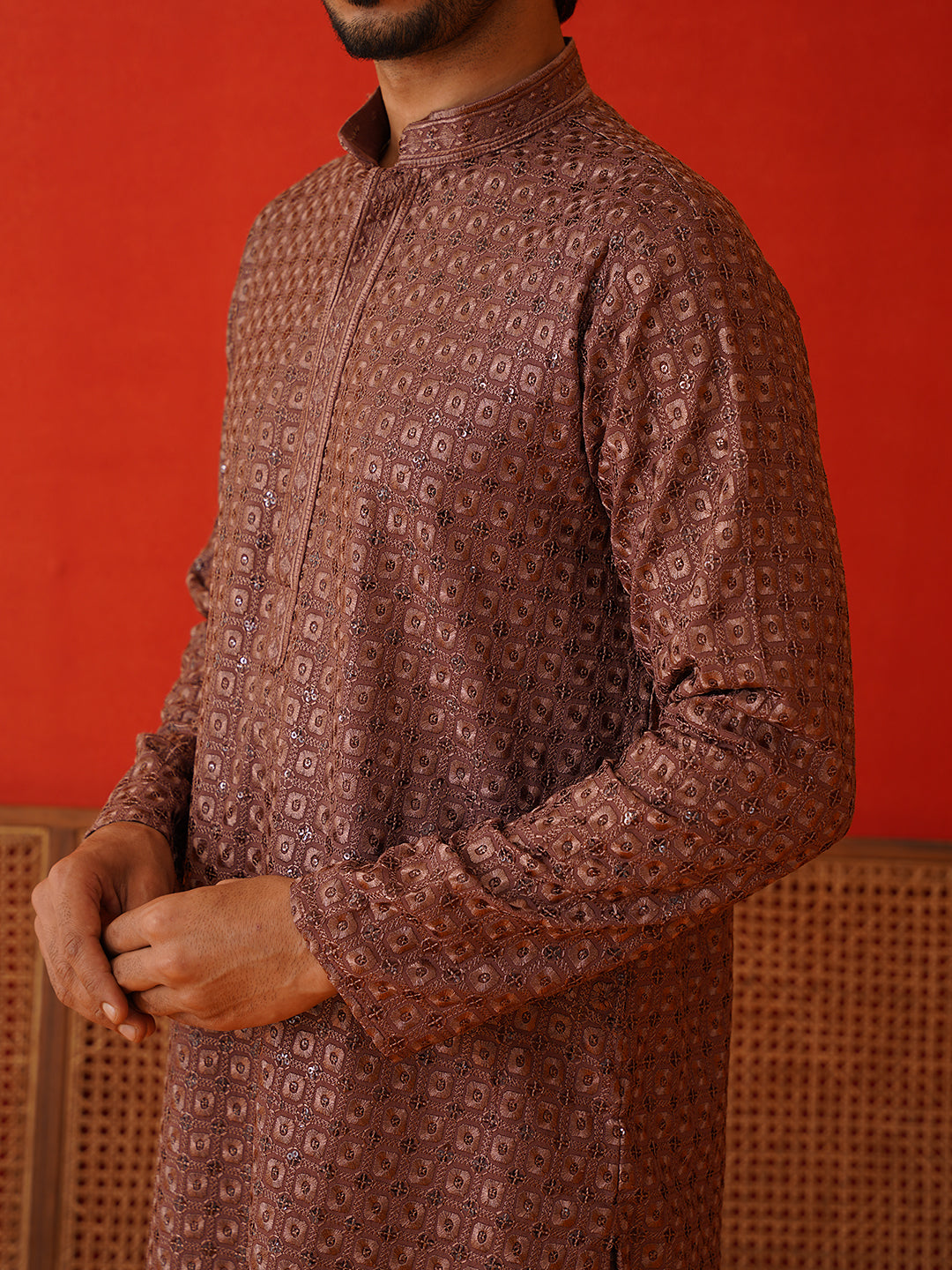 Embroidered Chikankari and Sequence Kurta Set For Men ( JOKP P 5131Rust )