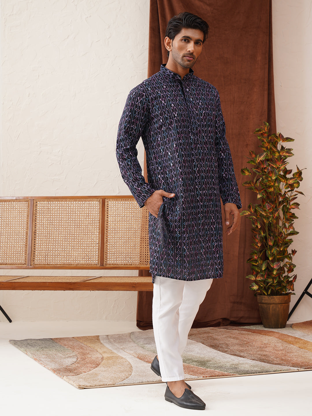 Embroidered Viscose Kurta Set For Men ( JOKP P 5133Navy )