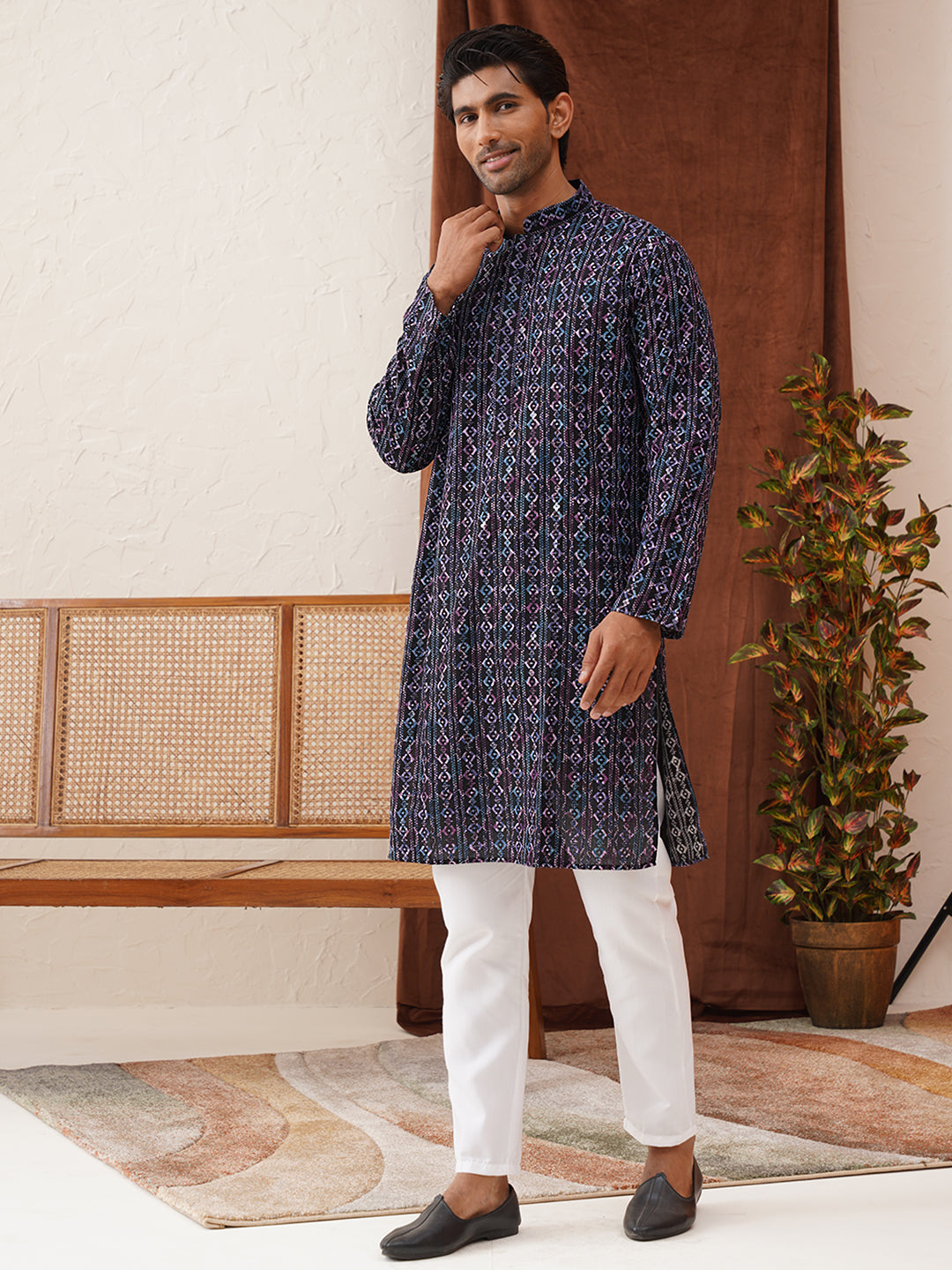 Embroidered Viscose Kurta Set For Men ( JOKP P 5133Navy )