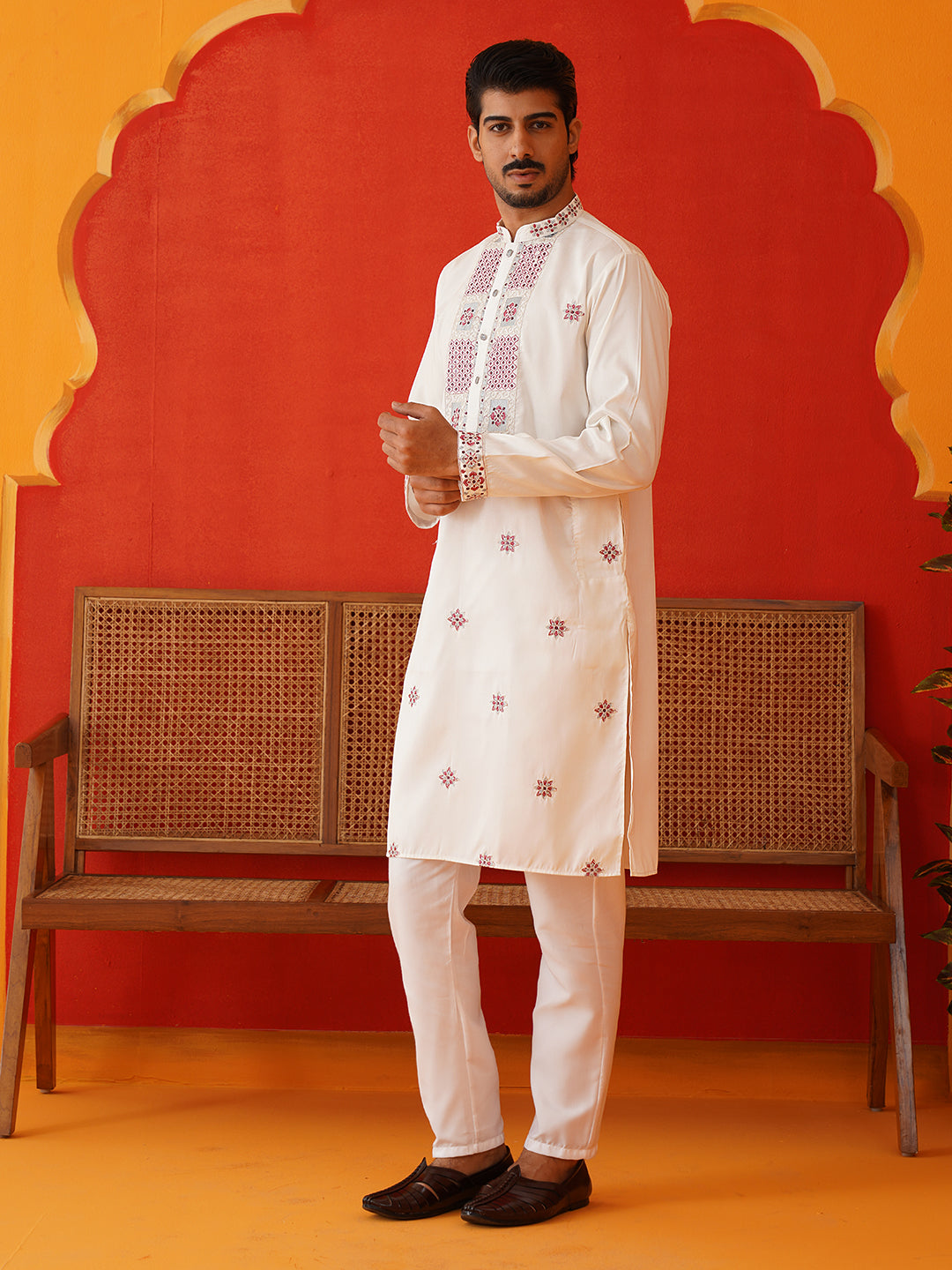 Men White Floral Embroidered Kurta Set ( JOKP P 5134White )