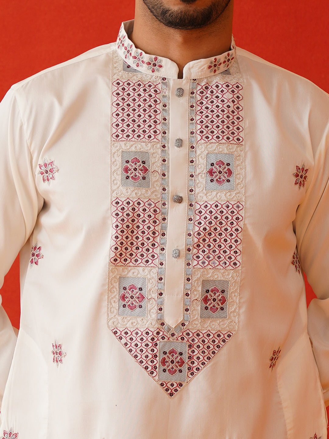 Men White Floral Embroidered Kurta Set ( JOKP P 5134White )