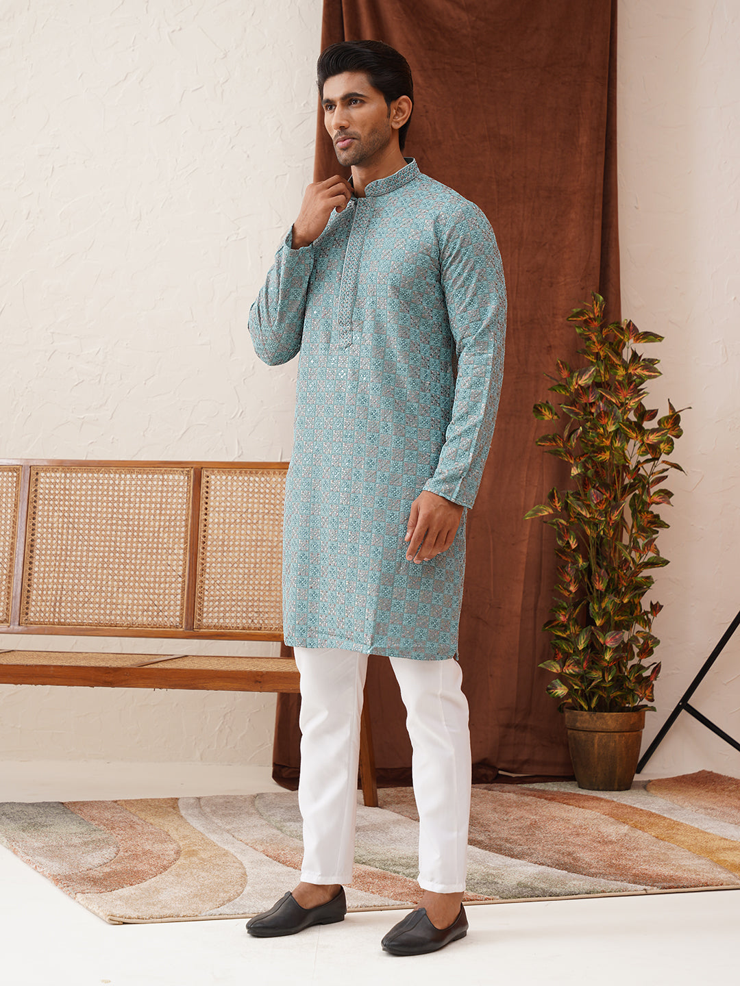 Embroidered Staight Kurta Set For Men ( JOKP P 5135Blue )