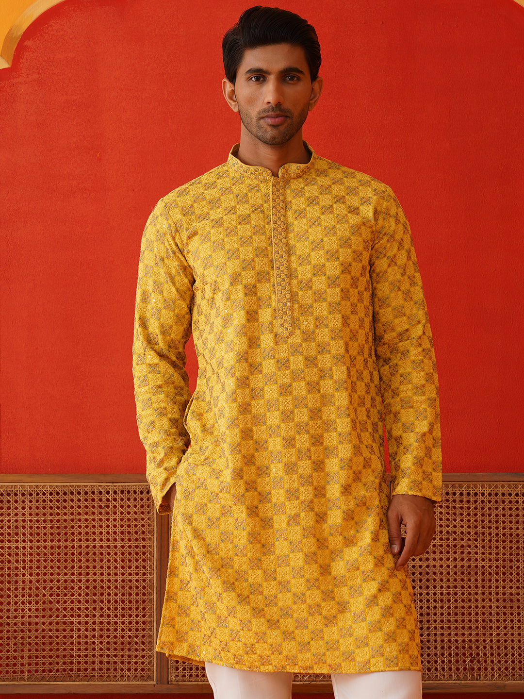 Embroidered Staight Kurta Set For Men ( JOKP P 5135Mustard )