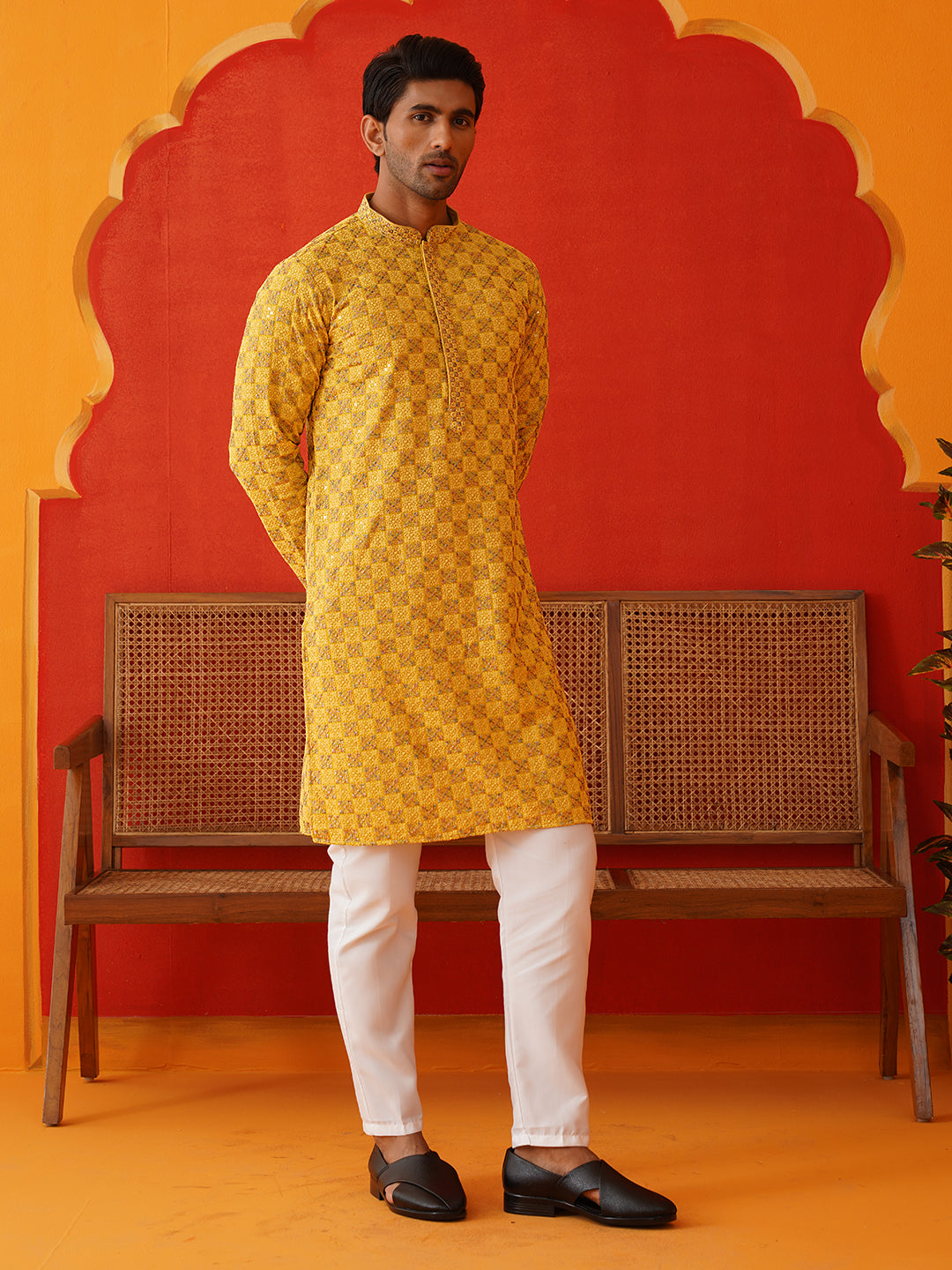 Embroidered Staight Kurta Set For Men ( JOKP P 5135Mustard )