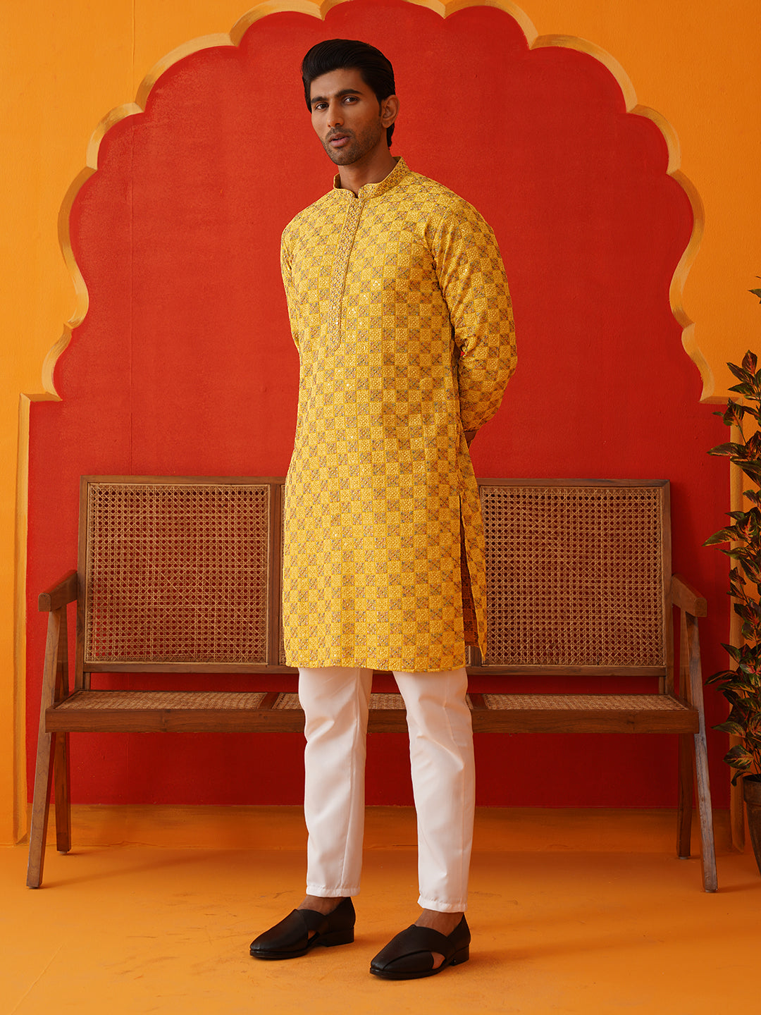 Embroidered Staight Kurta Set For Men ( JOKP P 5135Mustard )