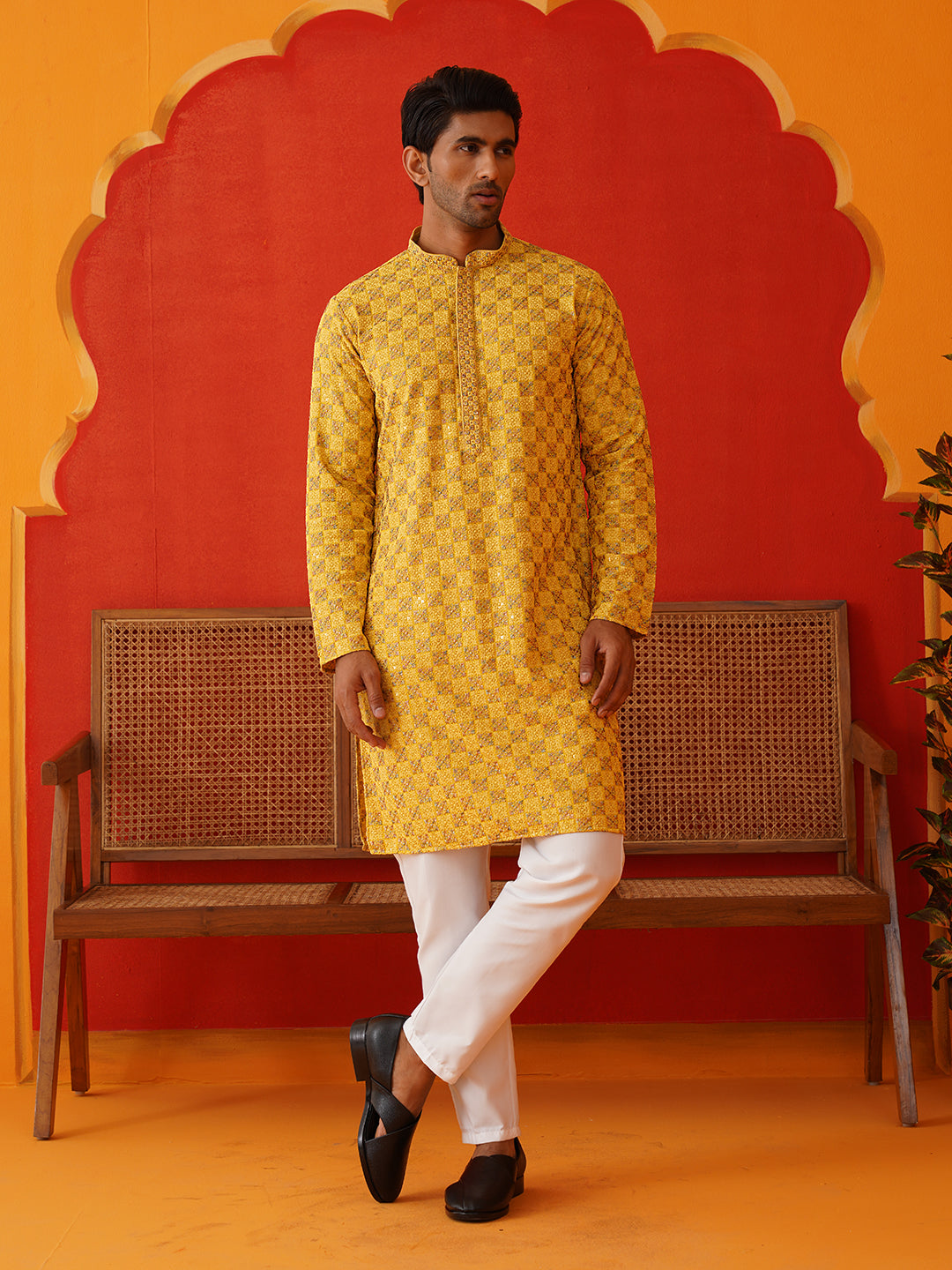 Embroidered Staight Kurta Set For Men ( JOKP P 5135Mustard )