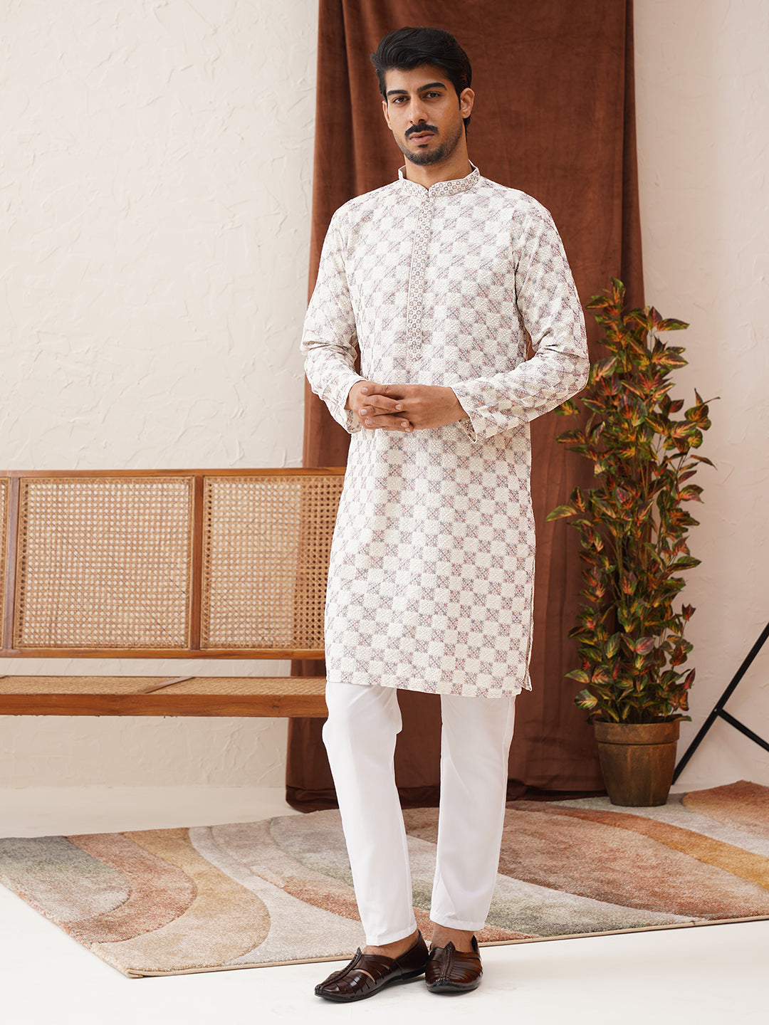 Embroidered Staight Kurta Set For Men ( JOKP P 5135White )