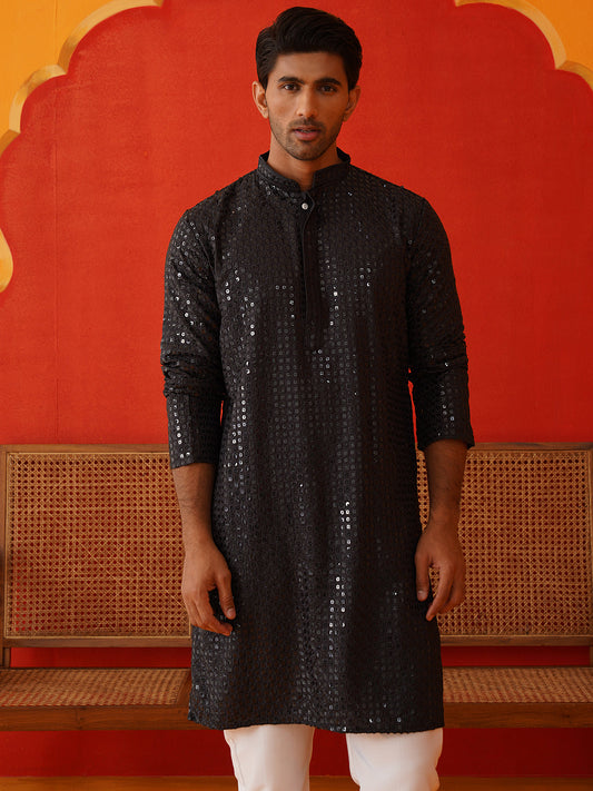 Men's Embroidered & Sequence Kurta Set ( JOKP P 5136Black )