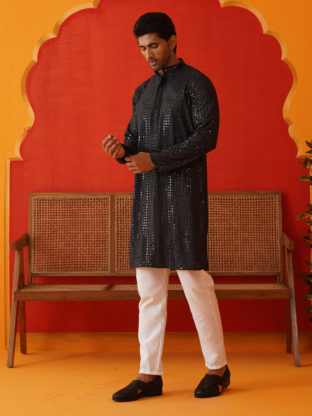 Men's Embroidered & Sequence Kurta Set ( JOKP P 5136Black )