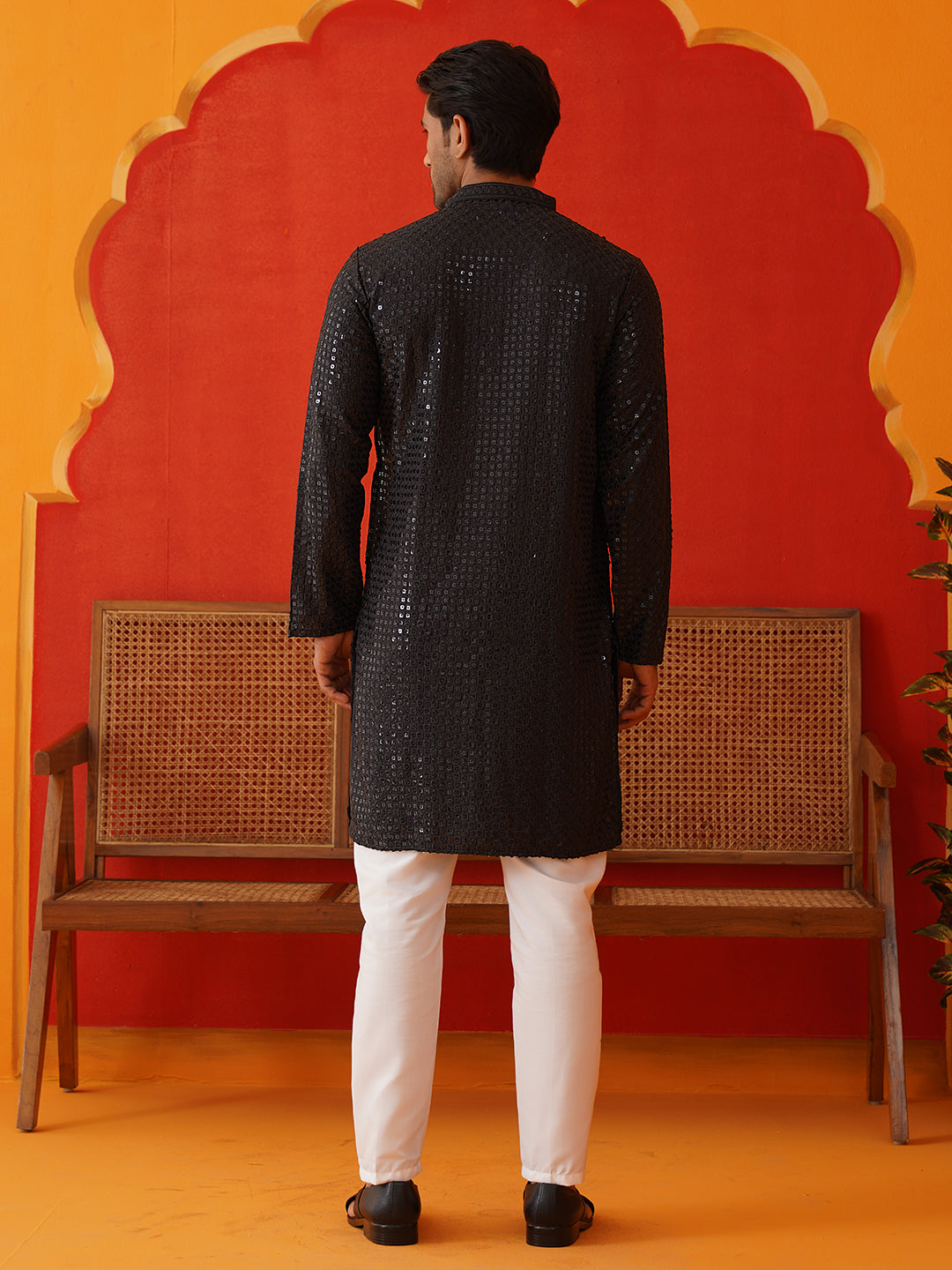 Men's Embroidered & Sequence Kurta Set ( JOKP P 5136Black )