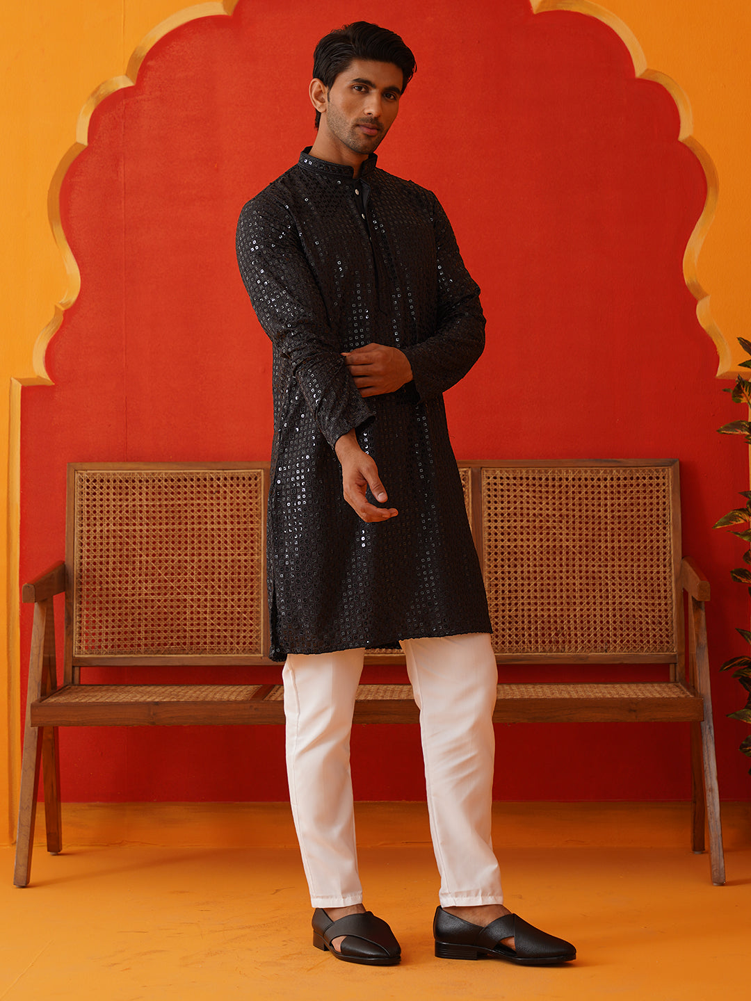 Men's Embroidered & Sequence Kurta Set ( JOKP P 5136Black )