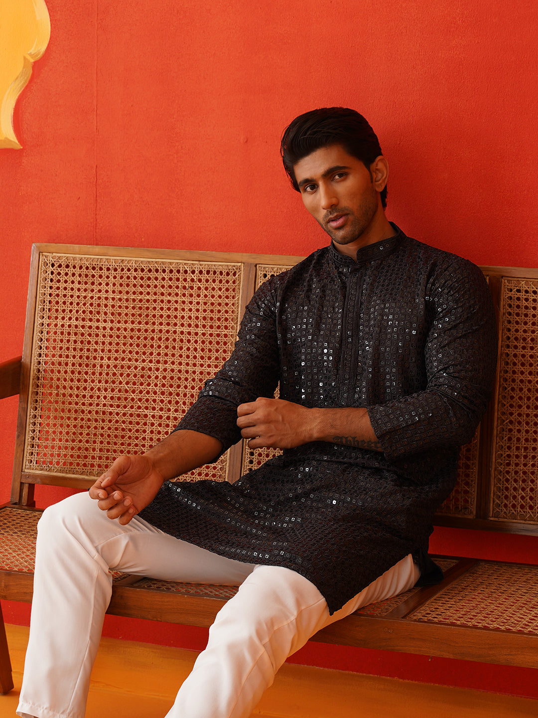 Men's Embroidered & Sequence Kurta Set ( JOKP P 5136Black )
