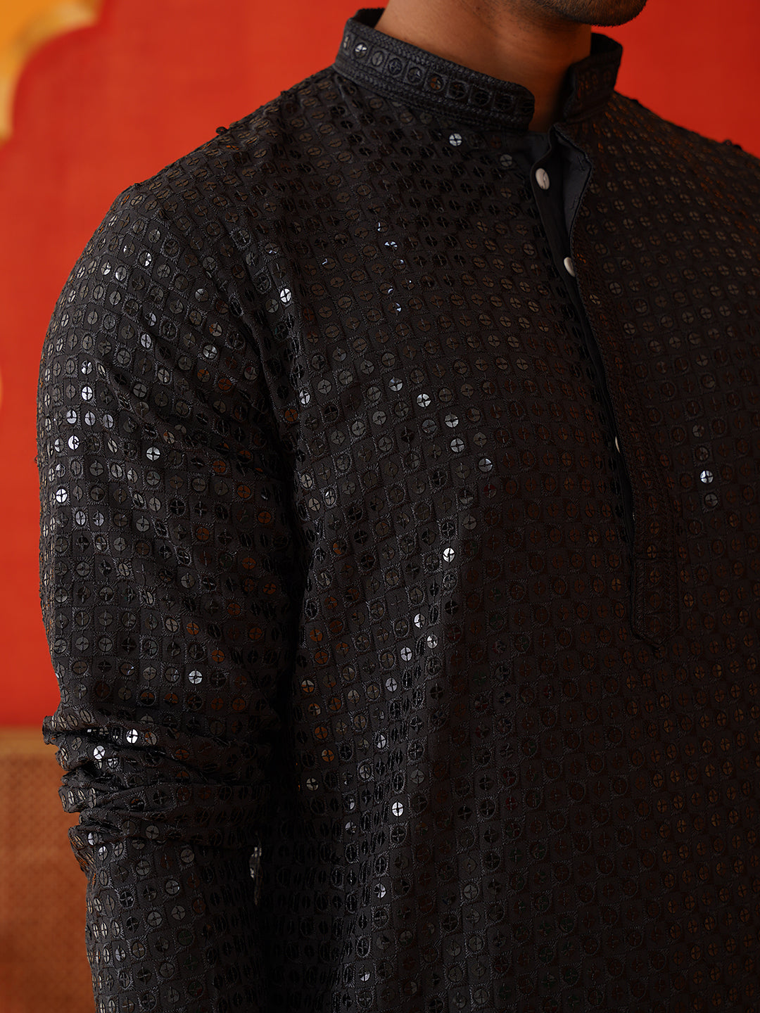 Men's Embroidered & Sequence Kurta Set ( JOKP P 5136Black )