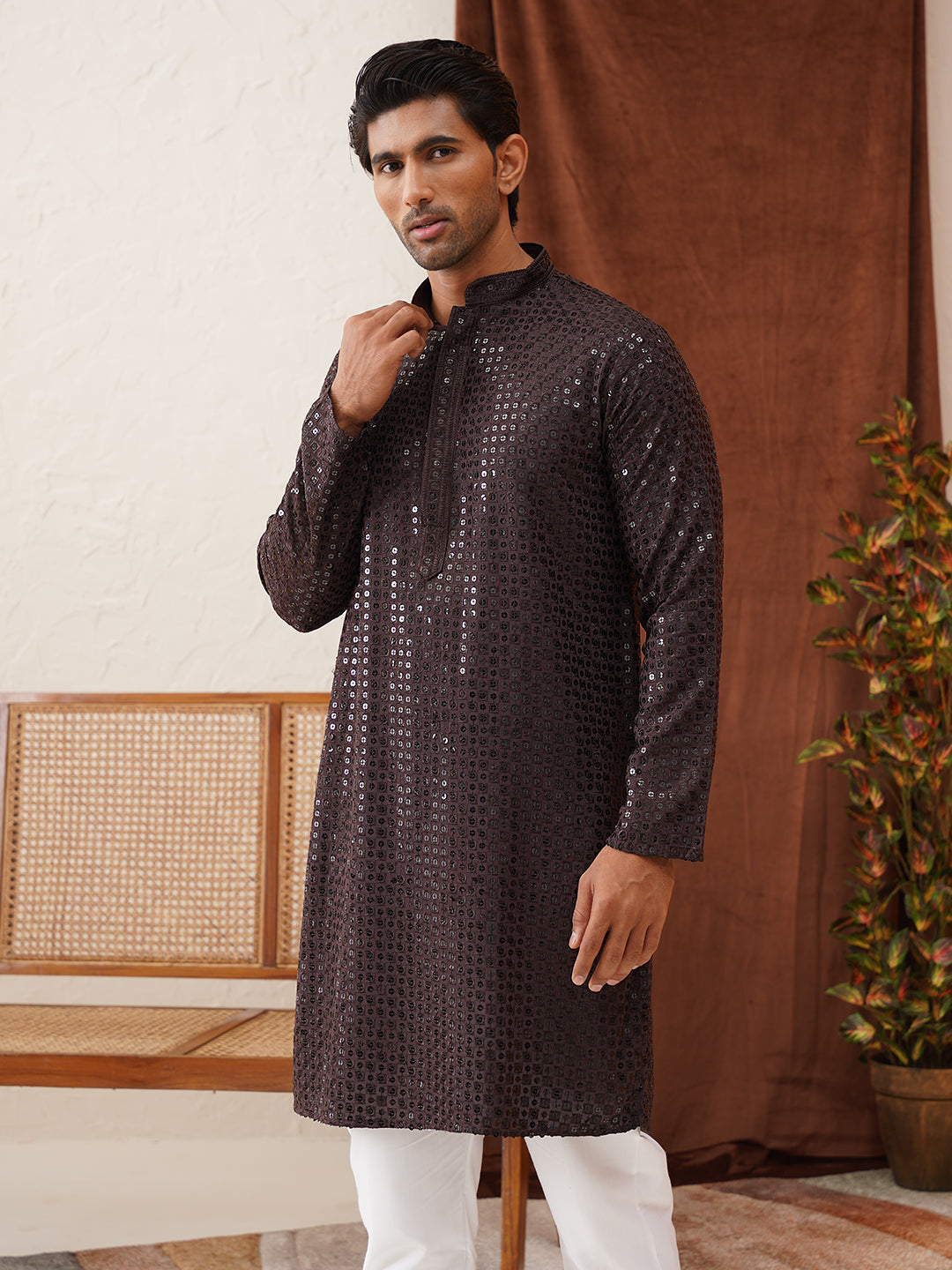 Men's Embroidered & Sequence Kurta Set ( JOKP P 5136Coffee )