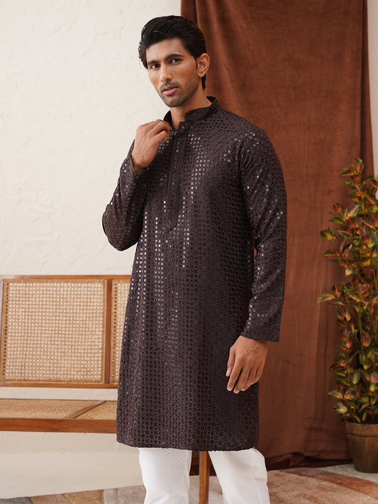 Men's Embroidered & Sequence Kurta Set ( JOKP P 5136Coffee )