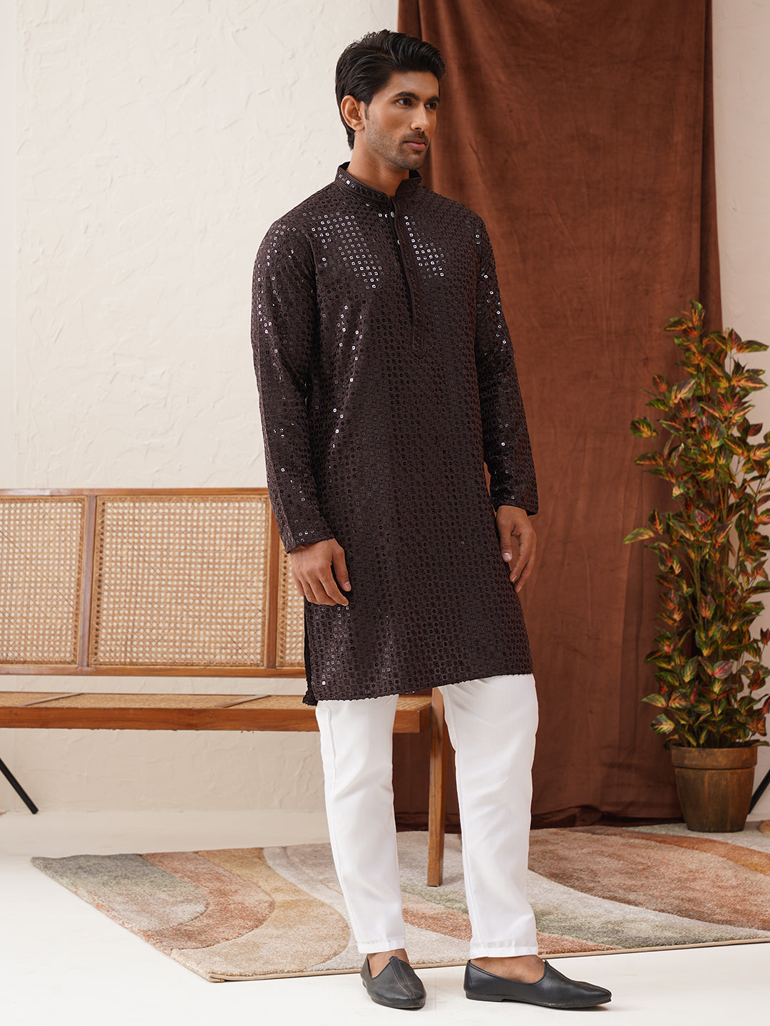 Men's Embroidered & Sequence Kurta Set ( JOKP P 5136Coffee )