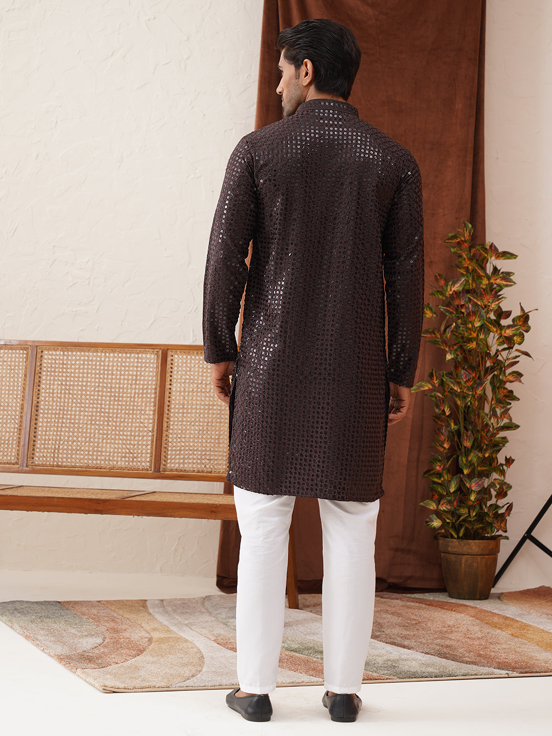 Men's Embroidered & Sequence Kurta Set ( JOKP P 5136Coffee )