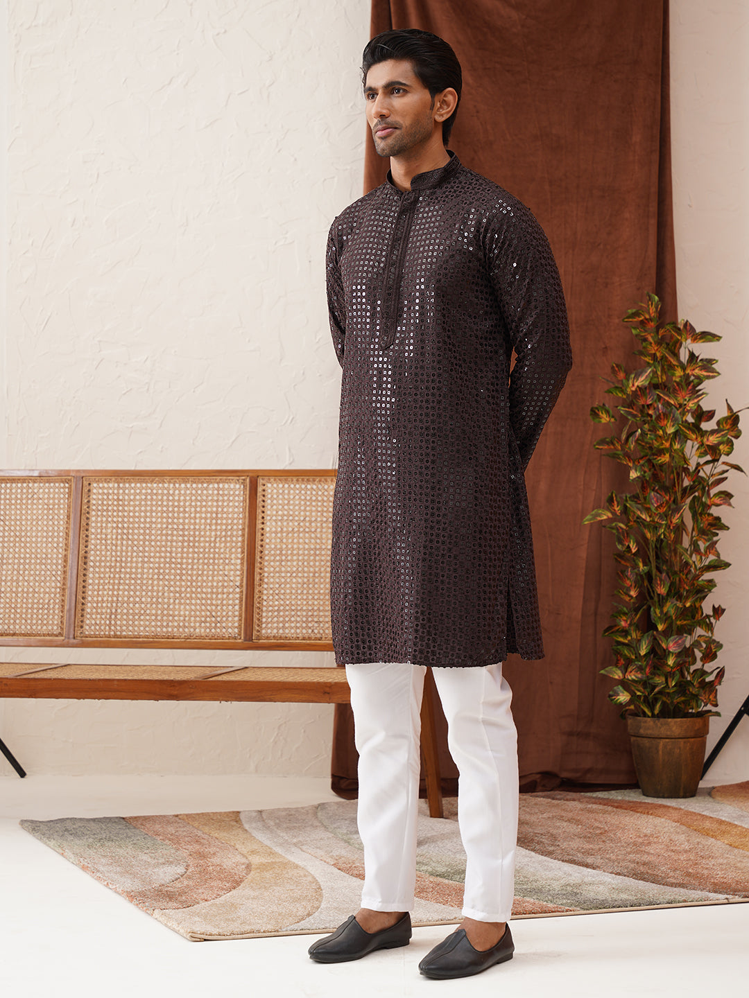 Men's Embroidered & Sequence Kurta Set ( JOKP P 5136Coffee )