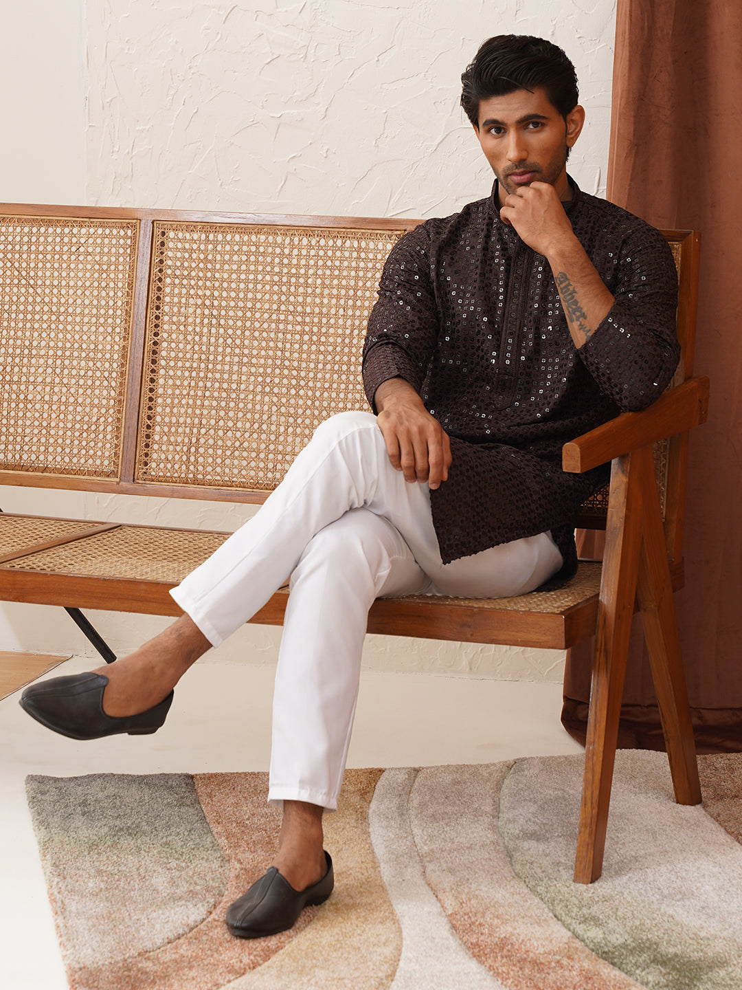 Men's Embroidered & Sequence Kurta Set ( JOKP P 5136Coffee )