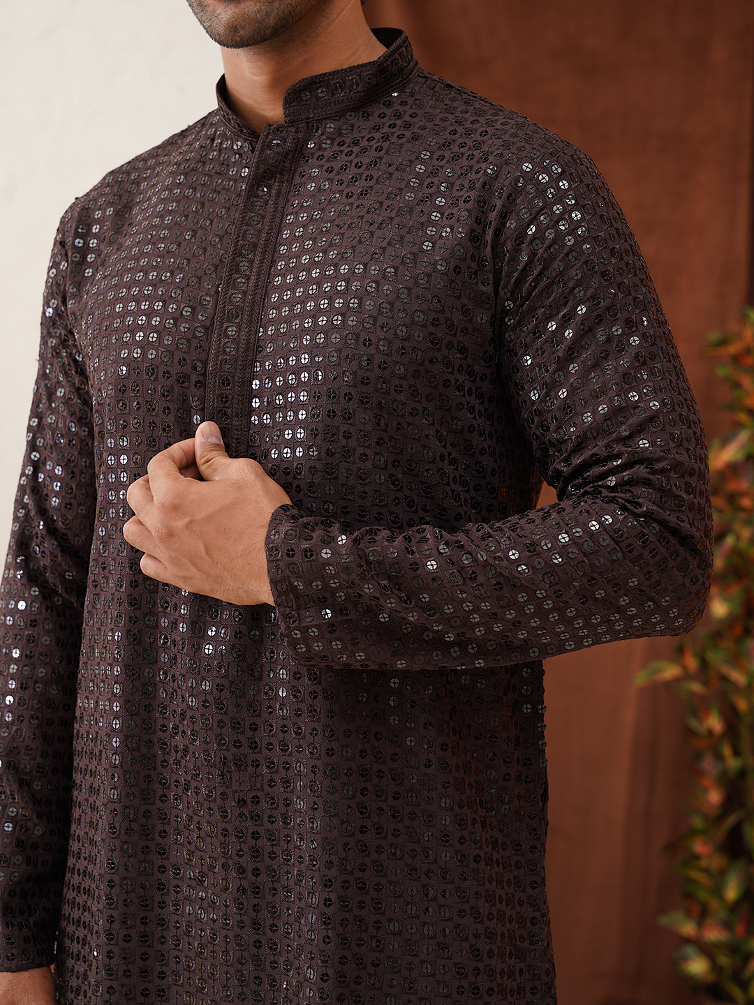 Men's Embroidered & Sequence Kurta Set ( JOKP P 5136Coffee )