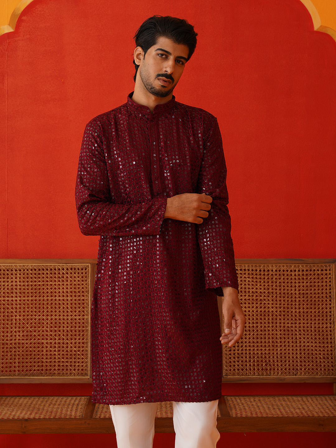Men's Embroidered & Sequence Kurta Set ( JOKP P 5136Maroon )