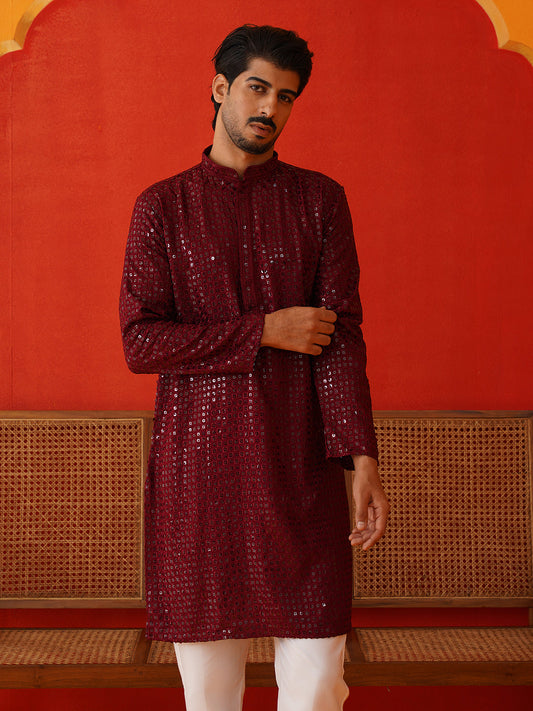 Men's Embroidered & Sequence Kurta Set ( JOKP P 5136Maroon )